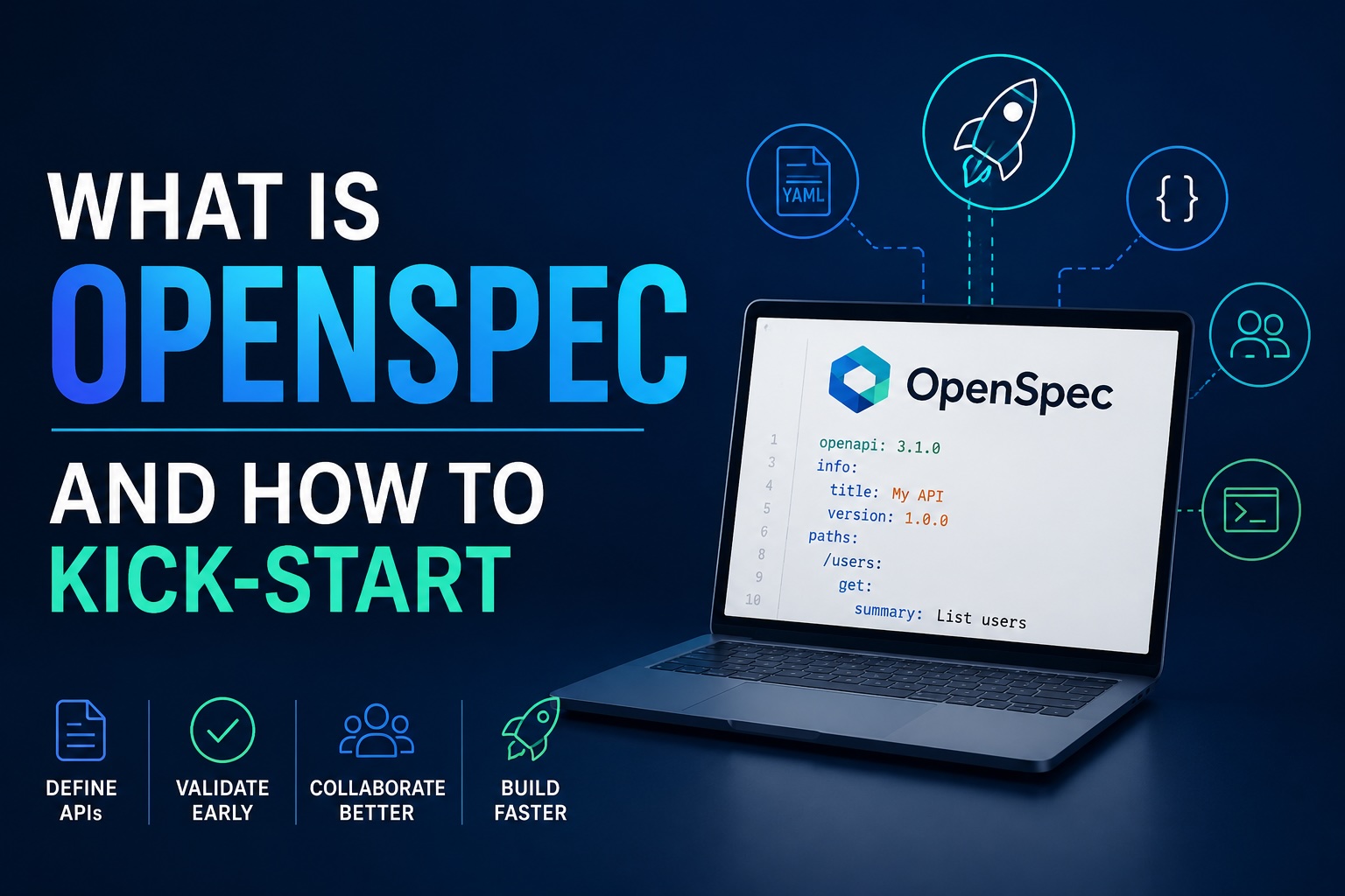Featured image for an OpenSpec blog post showing a laptop with API specification code, developer icons, and the text “What is OpenSpec and how to kick-start.”